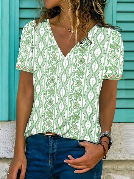 

Casual Floral V Neck Short Sleeve T-shirt, Green, T-shirts