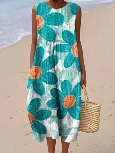 

Women Floral Summer Dress Crew Neck Sleeveless A-Line Dress, Green, Dresses
