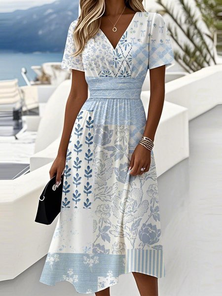 

Women Striped Summer Dress V Neck Short Sleeve Beach Dress A-Line Dress, Blue, Dresses