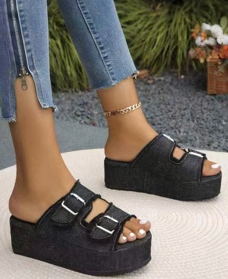 

Fabric Casual Plain Summer Slide Sandals, Black, Sandals