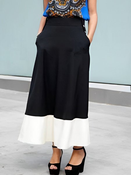 

Urban Split Joint Color Block Maxi Skirt, Black-white, Skirts