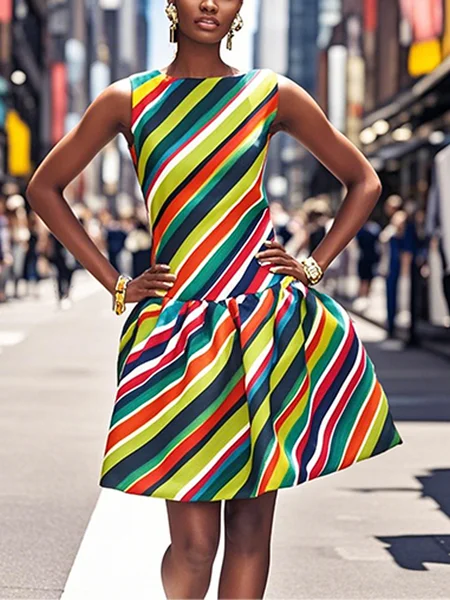 

Elegant Striped Printing Crew Neck Mini Dress, As picture, Midi Dresses