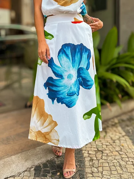 

Vacation Printing Floral Maxi Skirt, As picture, Skirts