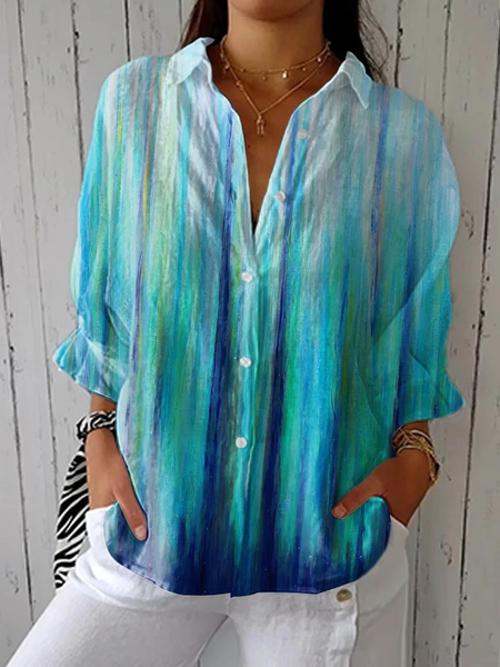 

Shirt Collar Long Sleeve Striped Regular Micro-Elasticity Regular Fit Shirt For Women, As picture, Blouses