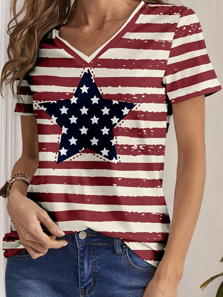 

Women Star Short Sleeve Tee T-shirt V Neck Printing Casual Summer Graphic Tee Top, Red, T-Shirts