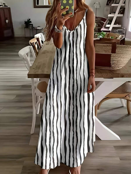 

Women Striped Sleeveless Summer Printing Dress V Neck Daily Casual Maxi Slip Dress X-Line Dress, White, Casual Dresses