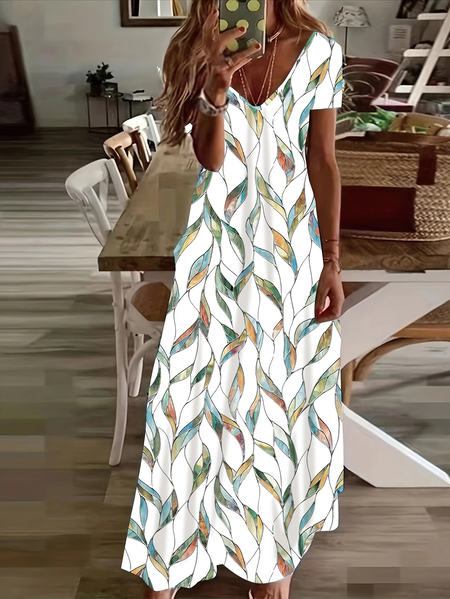 

Women Floral Short Sleeve Summer Printing Dress V Neck Daily Casual Maxi X-Line Dress, White, Casual Dresses