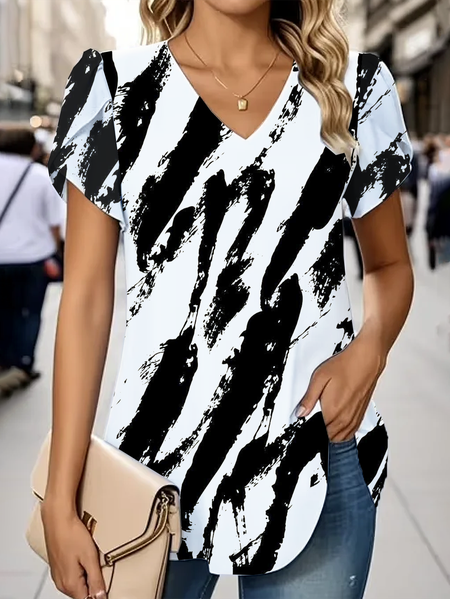 

Women Abstract Short Sleeve Tee T-shirt V Neck Printing Casual Summer Graphic Tee Top, White, T-Shirts