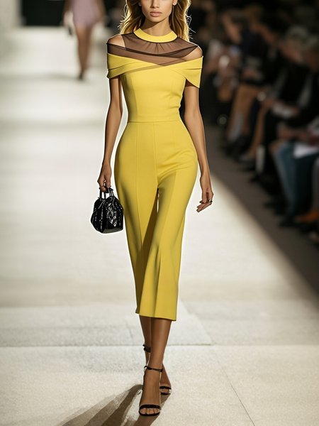 

Urban Split Joint Plain Crew Neck Jumpsuit, Yellow, Jumpsuits