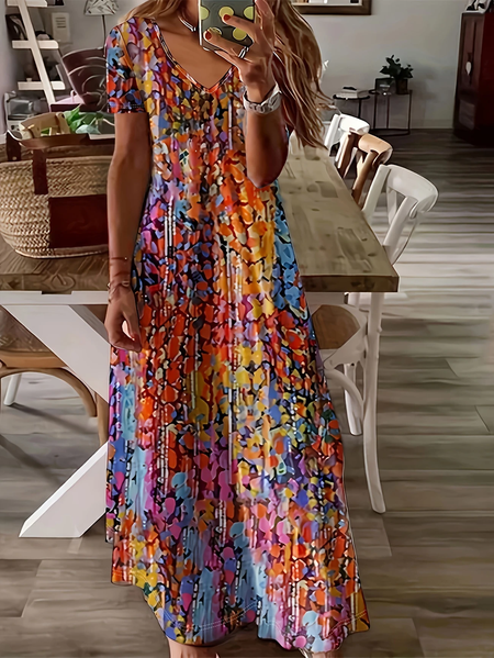 

Women Abstract Short Sleeve Summer Printing Dress V Neck Daily Casual Maxi X-Line Dress, As picture, Casual Dresses