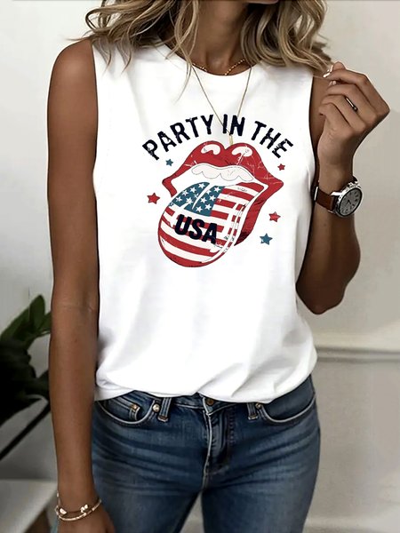 

Casual Crew Neck Geometric Tank Top, White, Tanks & Camis