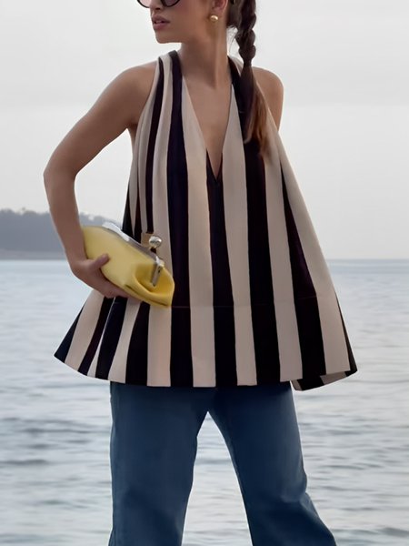 

Urban Striped Printing V Neck Tank Top, As picture, Tanks and Camis