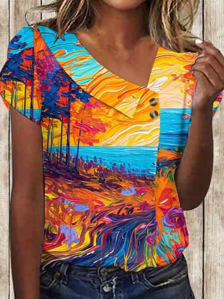 

Women Geometric Short Sleeve Tee T-shirt Asymmetrical Buckle Vintage Summer Top, Yellow, T-Shirts
