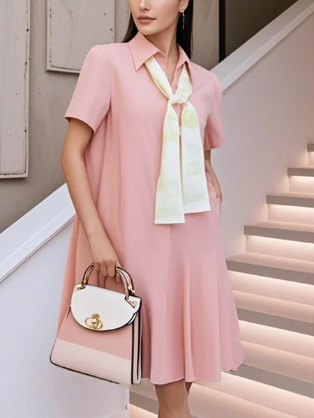 

Casual Cotton Shirt Collar Knee Length Dress With Tie, Pink, Midi Dresses