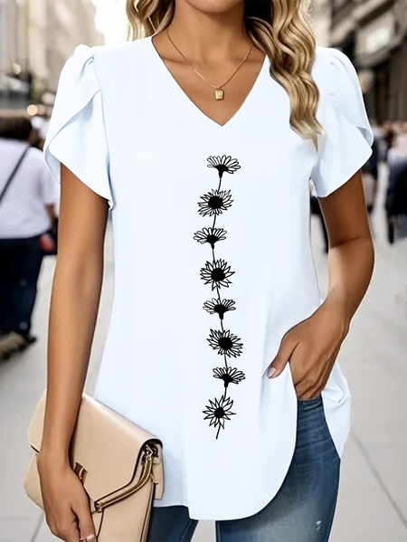 

Women Floral Short Sleeve Tee T-shirt V Neck Printing Casual Summer Graphic Tee Top, White, T-Shirts