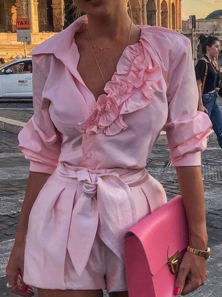 

Cotton Urban Plain Peplum Shirt Collar Shirt, Pink, Blouses and Shirts