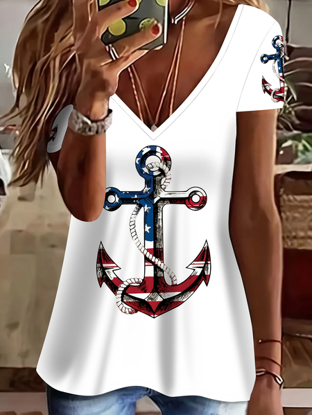 

Women Anchor Short Sleeve Tee T-shirt V Neck Printing Casual Summer Graphic Tee Top, White, T-Shirts