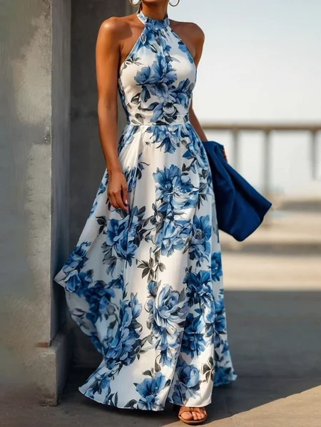

Plus Size Vacation Floral Halter Maxi Dress, Blue, Plus Dresses