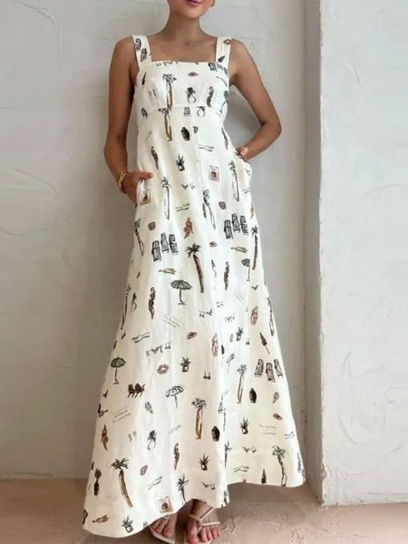 

Women Painting Summer Dress Spaghetti Gallus Tank A-Line Dress, White, Dresses