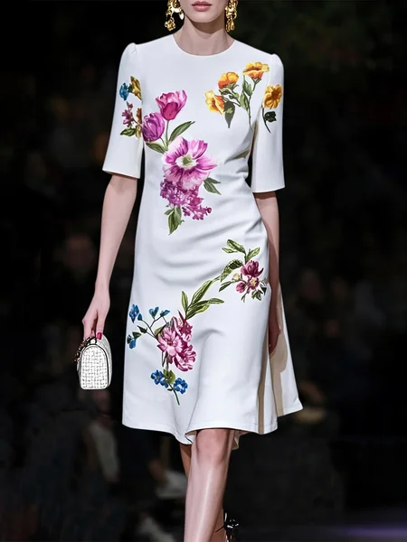 

Elegant Floral Printing Crew Neck Knee Length Dress, White, Midi Dresses
