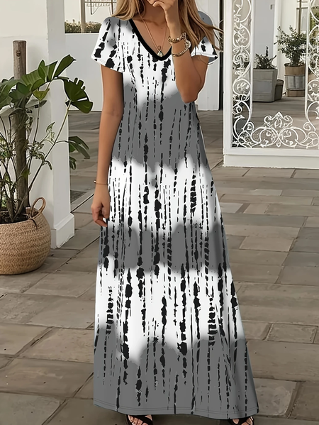 

Women Abstract Stripes Short Sleeve Summer Printing Dress V Neck Daily Casual Maxi X-Line Dress, Gray, Casual Dresses