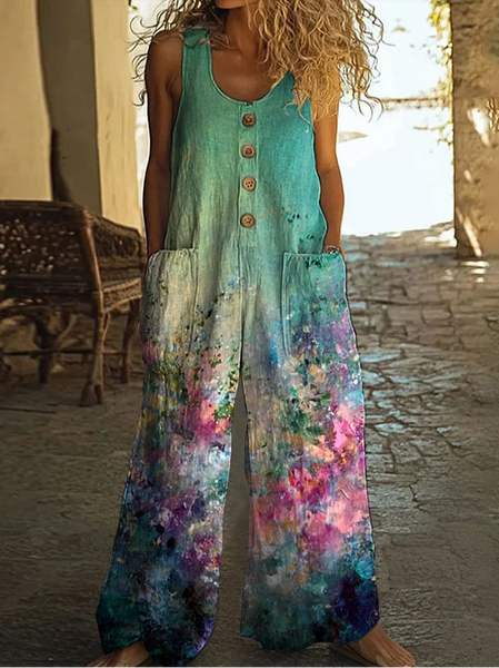 

Women Floral Crew Neck Sleeveless Casual Summer Jumpsuit, Green, Jumpsuits＆Rompers