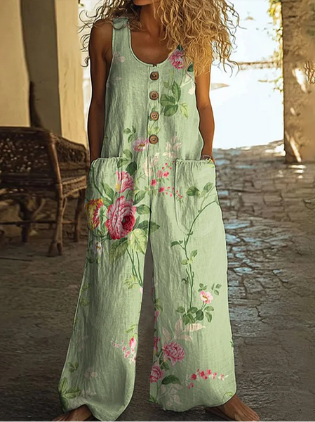 

Women Floral Crew Neck Sleeveless Casual Summer Jumpsuit, Green, Jumpsuits＆Rompers