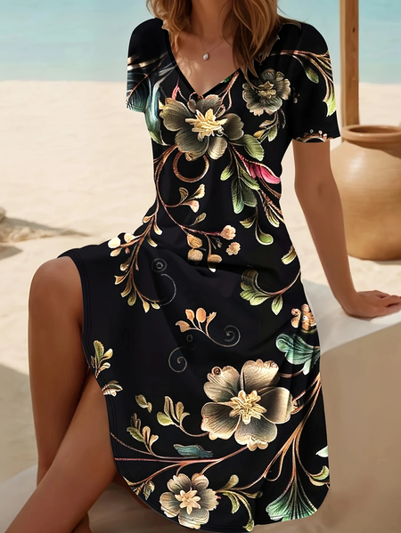 

Women Floral Short Sleeve Summer Dress V Neck Daily Casual Midi Fit & Flare Dress A-Line Dress, Black, Casual Dresses