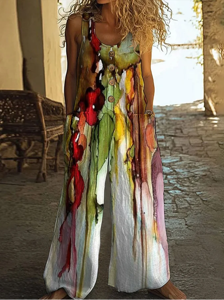 

Women Abstract Crew Neck Sleeveless Casual Summer Jumpsuit, As picture, Jumpsuits＆Rompers