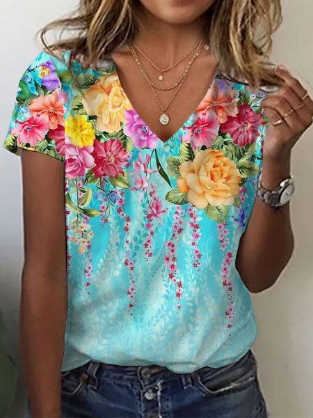 

Women Floral Short Sleeve Tee T-shirt V Neck Printing Casual Summer Graphic Tee Top, Blue, T-Shirts