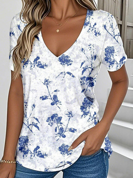 

Casual Floral V Neck Short Sleeve T-shirt, As picture, T-shirts
