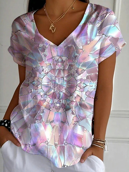 

Casual Geometric V Neck Short Sleeve T-shirt, As picture, T-shirts