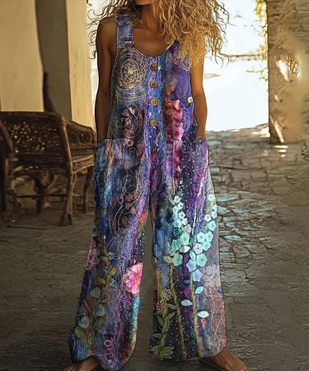 

Women Floral Crew Neck Sleeveless Casual Summer Jumpsuit, Purple, Jumpsuits＆Rompers