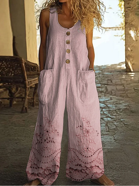 

Women Floral Crew Neck Sleeveless Casual Summer Jumpsuit, Pink, Jumpsuits＆Rompers