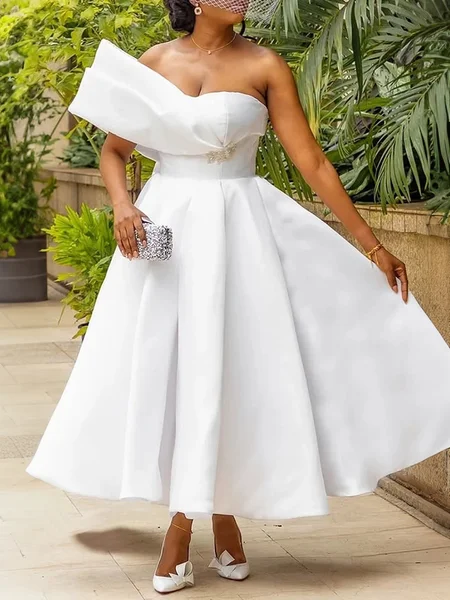 

Elegant Plain Asymmetrical Midi Party Dress, White, Midi Dresses