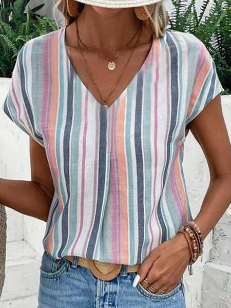 

Casual Striped V Neck Short Sleeve T-shirt, As picture, T-shirts