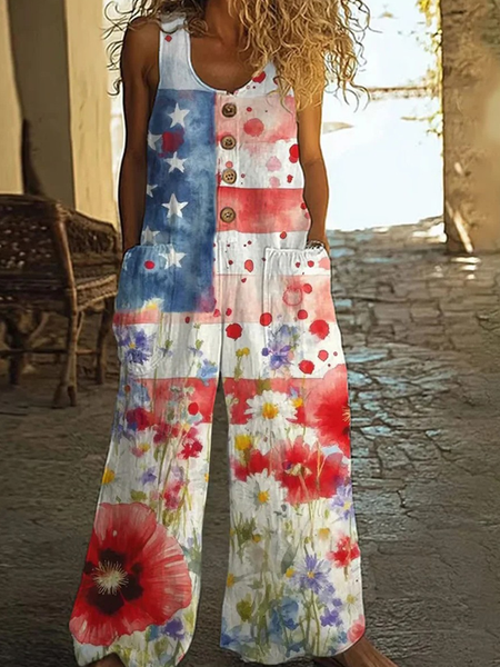

Women Floral Crew Neck Sleeveless Casual Summer Cotton Jumpsuit, As picture, Jumpsuits&Rompers