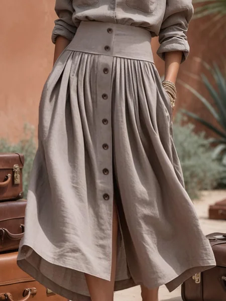 

Casual Gathered Buttoned Plain Midi Skirt, As picture, Maxi Dresses