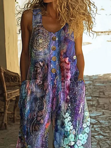 

Women Floral Crew Neck Sleeveless Casual Summer Jumpsuit, Purple, Jumpsuits＆Rompers