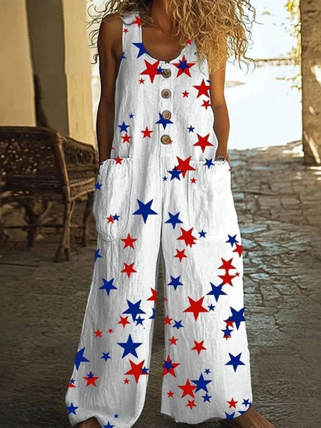 

Women Star Crew Neck Sleeveless Casual Summer Cotton Jumpsuit, As picture, Jumpsuits&Rompers