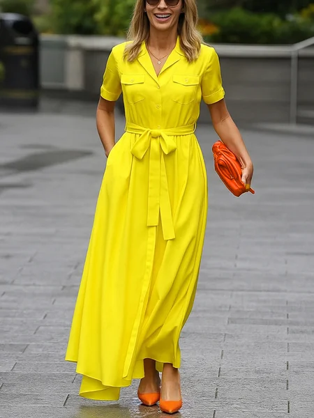 

Casual Plain Shirt Collar Maxi Dress With Belt, Yellow, Maxi Dresses