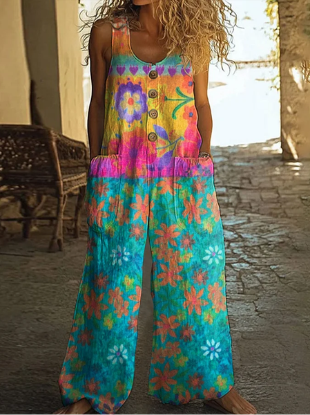 

Women Floral Crew Neck Sleeveless Casual Summer Jumpsuit, As picture, Jumpsuits＆Rompers