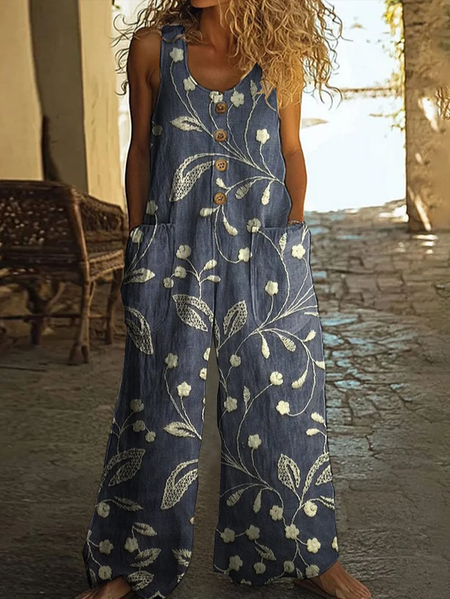

Women Floral Crew Neck Sleeveless Casual Summer Jumpsuit, Purplish blue, Jumpsuits＆Rompers