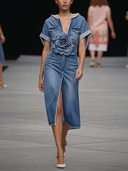 

Denim Urban Color Block Dolman Sleeve 3D Floral Boat Neck Midi Dress, Denim blue, Midi Dresses