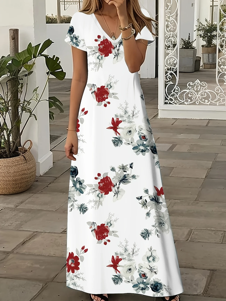 

Women Floral Short Sleeve Summer Printing Dress V Neck Daily Casual Maxi X-Line Dress, White, Casual Dresses