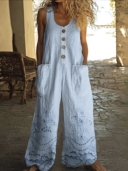 

Women Plain Crew Neck Sleeveless Casual Summer Cotton Jumpsuit, Sky blue, Jumpsuits&Rompers