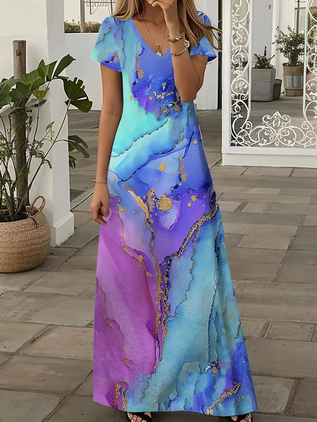 

Women Abstract Short Sleeve Summer Printing Dress V Neck Daily Casual Maxi X-Line Dress, As picture, Casual Dresses