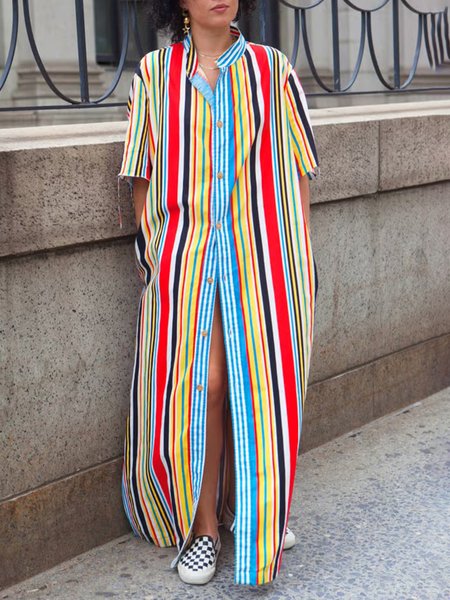 

Casual Striped Printing Stand Collar Maxi Dress, As picture, Maxi Dresses