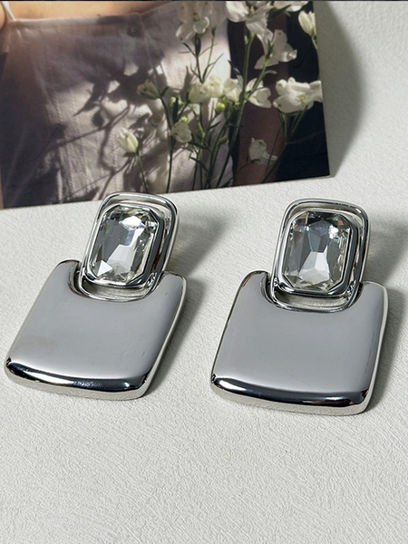 

Vintage luxury mirror metal geometric square gemstone earrings, Silver, Earrings