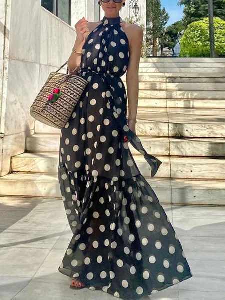 

Vacation Polka Dots Halter Maxi Dress With Belt, Black, Maxi Dresses